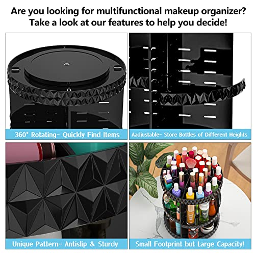 HEMTROY 360 Rotating Makeup Organizer, DIY Adjustable Cosmetics Organizer, Professional Acrylic Make Up Caddy Shelf Storage Perfume, Lipsticks, Makeup Brushes or Accessories (Black)