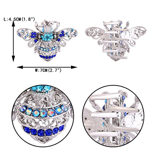 EVER FAITH Blue Crystal Adorable Honey Bee Insect Women Daily Hair Claw Clip Silver-Tone