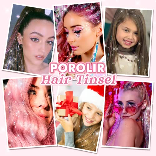 Clip in Hair Tinsel Kit, POROLIR 6Pcs Glitter Fairy Tinsel Hair Extensions 20 Inch Shiny Hair Tinsel Heat Resistant, Sparkly Strands Hair Accessories, Festival Gift for Women Girls Kids, Sapphire Blue