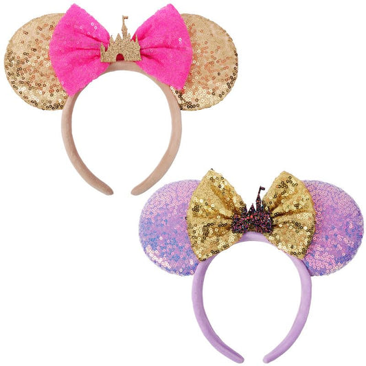 UNSPAZ Mouse Ears Headbands, 2 PCS Castle Mouse Ears for Women Girls, Shiny Bow Headbands Themed Park Ears Cosplay Accessories