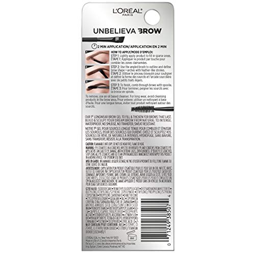 L'Oreal Paris Unbelieva-Brow Longwear Waterproof Tinted Brow Gel, Smudge-resistant, Transfer- Proof, Quick Drying, Easy and quick application with precise brush, Black, 0.15 fl. oz.