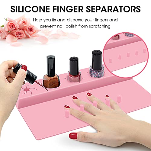 Nail Polish Holder 2 in 1 Silicone Fingernail Painting Tools Nails Art Accessories Organizer Case Set Hand Rest Mat with Anti-Spill Bottle Stand and Finger Separators for Pedicure Manicure (Black)