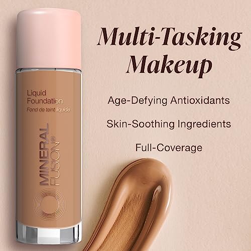 Mineral Fusion Full Coverage Foundation, Liquid Foundation - Deep 2- Tan Complexion w/Golden Undertones, Lightweight Matte Finish, Up to 12 Hr Hydration, Hypoallergenic & Vegan, 1 fl. oz (Pack of 2)