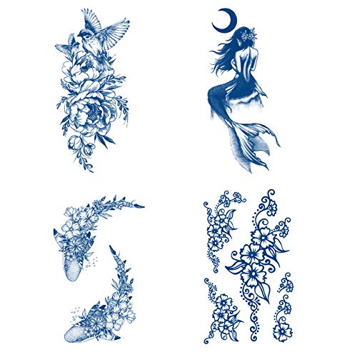 Aresvns Dark Blue Mermaid Floral Shark Waterproof Temporary Tattoos, 1-2 Weeks, 4 Count