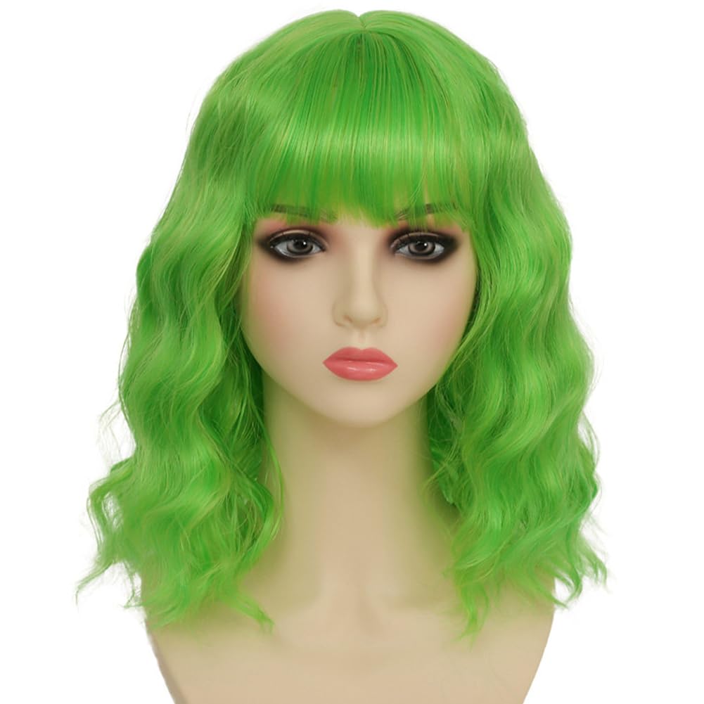 Dai Cloud Lime Green Wigs with Bangs For Women Short Bob Wavy Curly Cosplay Halloween Wigs Bob Party Wig Include Wig Cap