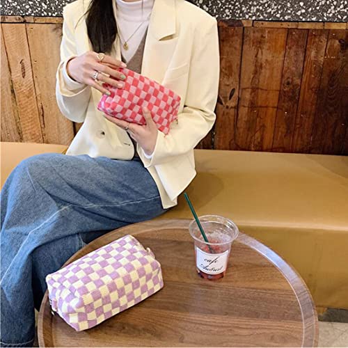 SxoSyo 2 Pcs Cosmetic Bags for Women Makeup Bag Purse Travel Toiletry Zipper Storage Pouch Make up Brushes Organizer for Gifts (Checkered, Pink 2)