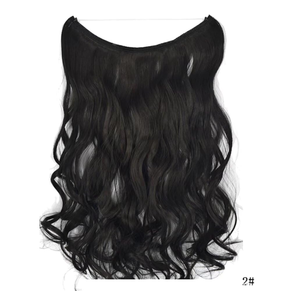 iLUU Hidden Fish Line Hairpiece Invisible Secret Wire Hair Extensions 18inch One-Piece Synthetic Hair Extensions Wavy Curly Hairpieces 80g #2 Darkest Brown Fish Line Headband Extension Hair Piece