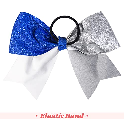 CEELGON Large Glitter Cheer Bows 12 PCS 8" Two Toned Ponytail Holder Girls Elastic Hair Ties for Teens Girls Softball Competition Sports Cheerleaders-Royal Blue/Silver