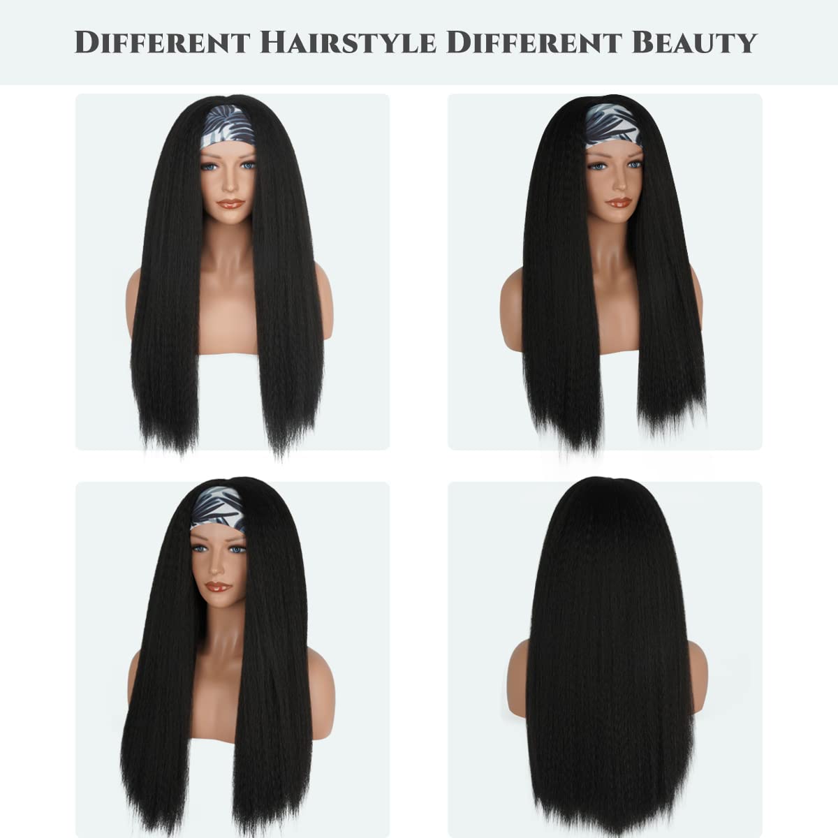 Aminow Kinky Straight Headband Wig, Soft & Natural as Human Hair, Glueless Headband Wigs for Black Women, Long Black Italian Yaki Synthetic Half Wig (1B Natural Black, 26 Inch)