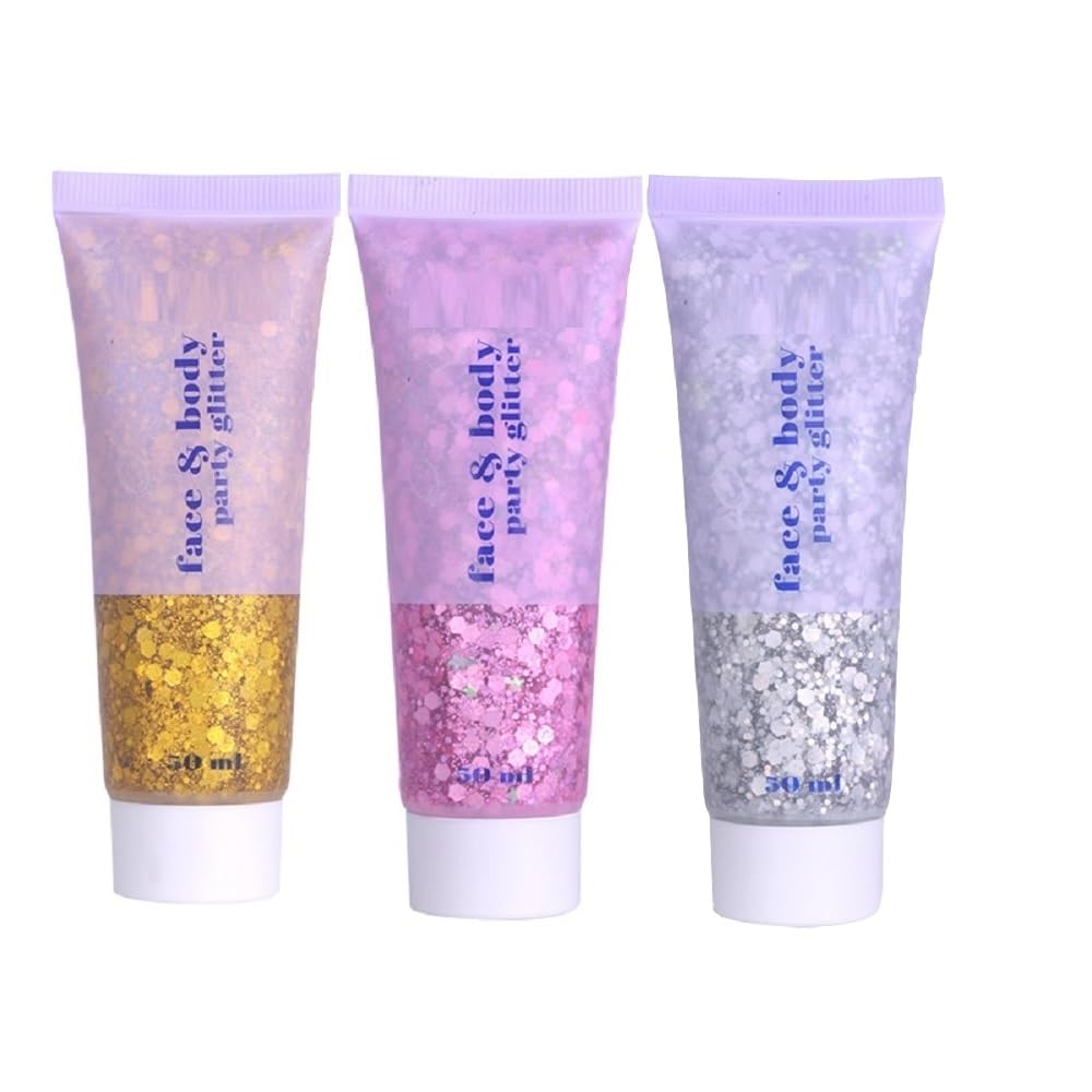 3 Color Body Glitter Gel, Neon Outfit Glow Party for Face and Body Hair Face Nail Glitter Stick Makeup. (02-Gold &03-Pink&05-Silver)