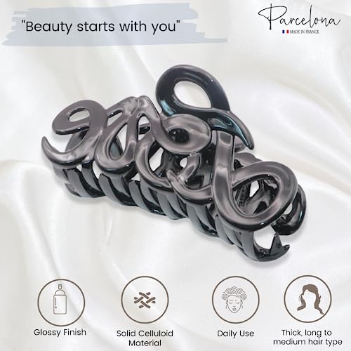 Parcelona French Love Medium 3" Celluloid Acetate Claw Clips Covered Spring Durable Fashion Hair Styling Clips Women Hair Accessories Girls Hair Clips (Black 3")