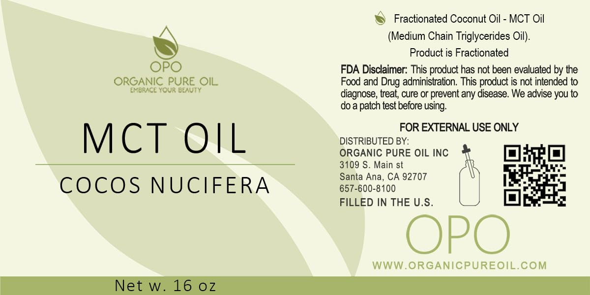 OPO MCT Oil - 100% Pure Fractionated Coconut from Coconut Fruit Organically Sourced Non GMO Medium Chain Triglyceride Vegan Bulk C8 & C10 Carrier Oil - 16 oz 1 Pint - Skin Hair Cuticles Facial Hair