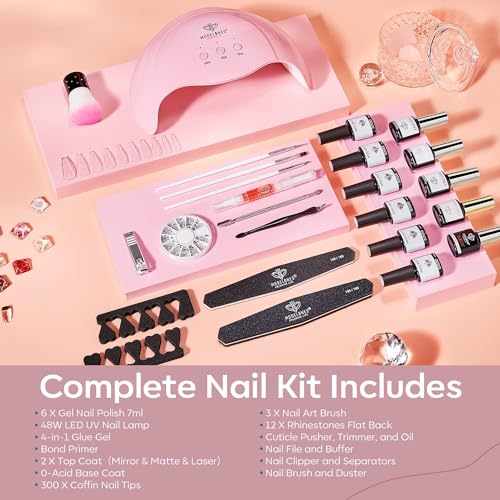 Modelones Gel Nail Polish Kit with U V Light 48W, 6 Colors summer Shellac Soak Off Nail Gel Polish Manicure Set with LED Lamp Top & Base Coat Starter Kit Professional for Women DIY at Home Salon Gift