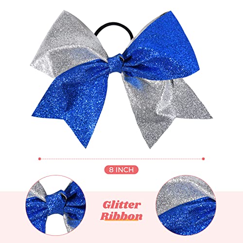 CEELGON Large Glitter Cheer Bows 12 PCS 8" Two Toned Ponytail Holder Girls Elastic Hair Ties for Teens Girls Softball Competition Sports Cheerleaders-Royal Blue/Silver