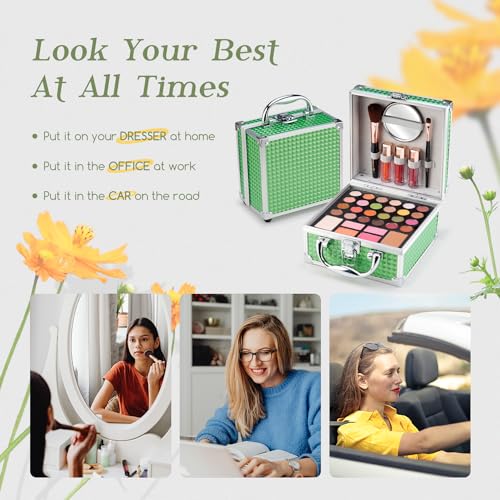 Color Nymph Beginner Makeup Kits For Teens With Train Case Included Full Makeup Kit Eyeshadow Palette Blushes Bronzer Highlighter Lipstick Brushes Mirror (Green)