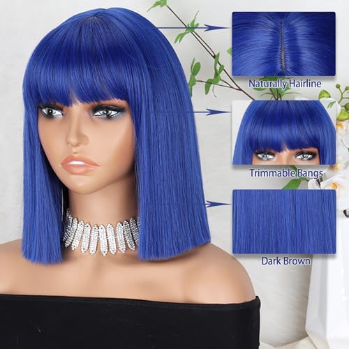 MERISIHAIR Short Blue Bob Wig with Bangs Synthetic Straight Blue Cut Wig Shoulder Length Fashion Cosplay Wig for Girl Colorful Costume Wig