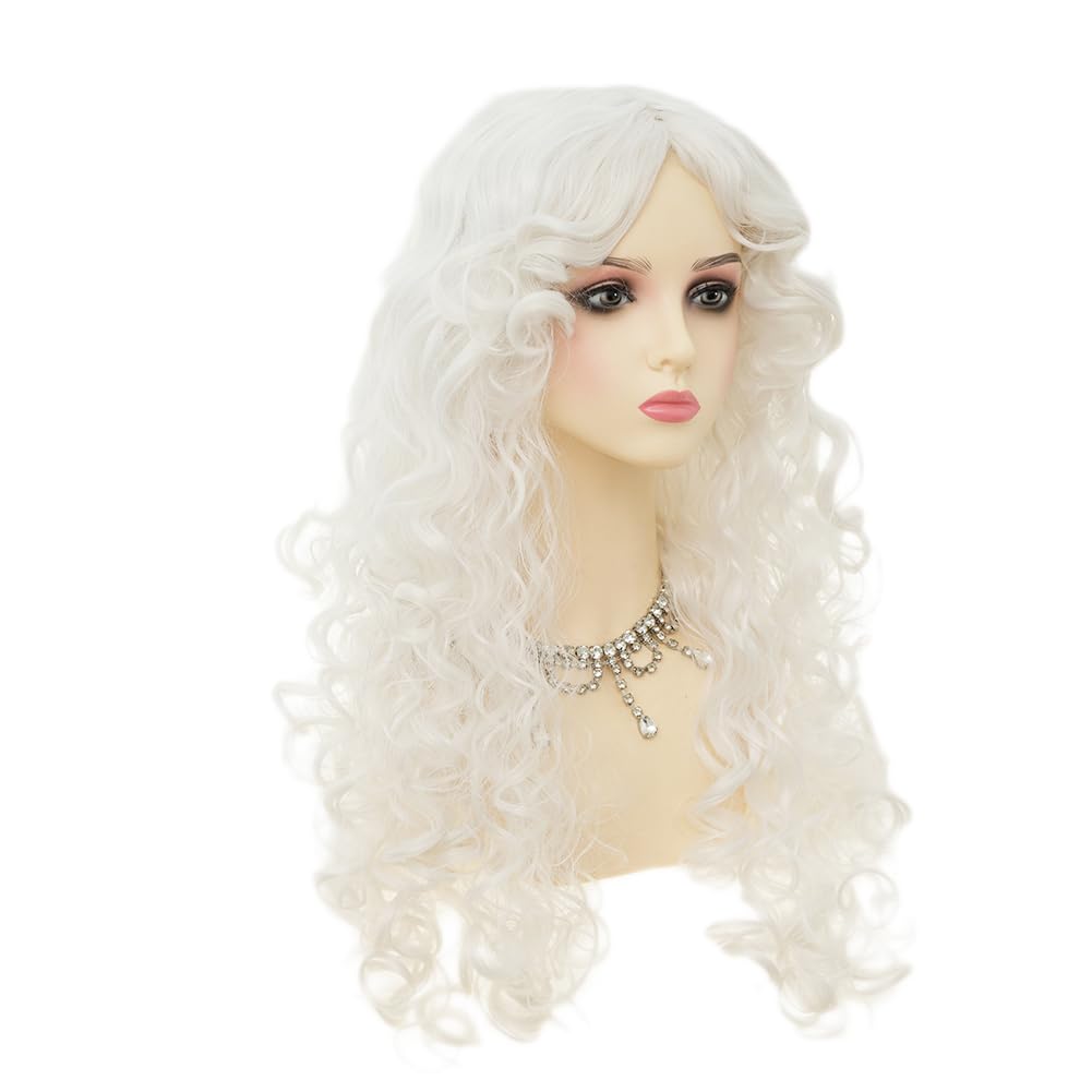 Dai Cloud White Long Curly Wigs for Women With bangs Synthetic Queen Princess Middle Part Hair Wig for Cosplay