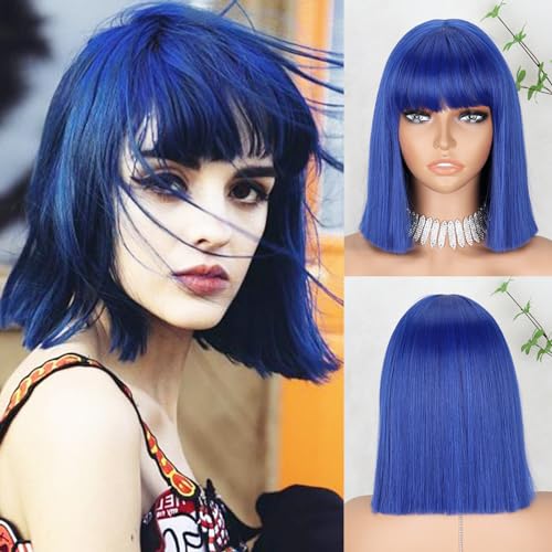 MERISIHAIR Short Blue Bob Wig with Bangs Synthetic Straight Blue Cut Wig Shoulder Length Fashion Cosplay Wig for Girl Colorful Costume Wig