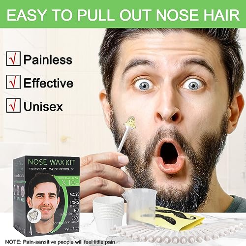 Nose Wax Kit Men, Nose Waxing Hair Wax Removal for Men Women, Nose Hair Waxing Kit For Men Ear Hair Waxing Kit Nose Hair Removal Kit for 50g Wax Beads 20 Applicators 10 Paper Cups 10 Mustache Guards