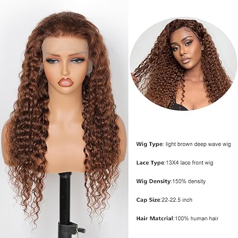 Oxeyegirl Chocolate Brown 13x4 Deep Wave Human Hair HD Lace Frontal Wigs Human Hair Pre Plucked #4 Light Brown 150% Density Deep Curly Wave Colored Human Hair Wigs for Black Women 18 Inch