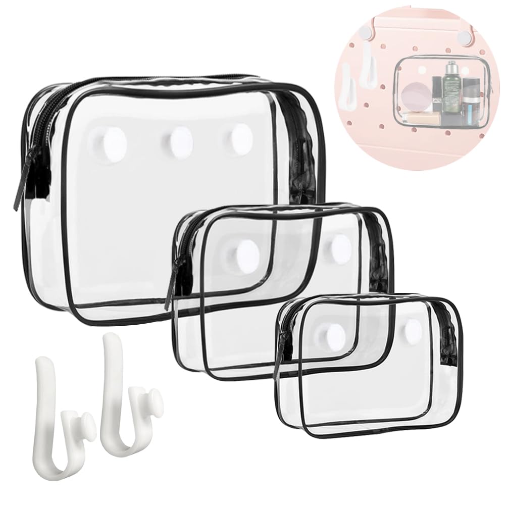 Everfunny 3 Packs Clear Bogg Beach Tote Bag with 2 Pack Insert Hooks Accessories for Bogg Bags Travel Makeup Clean Toiletry Brush Organizer Cosmetic Divider Storage Inner Pouch