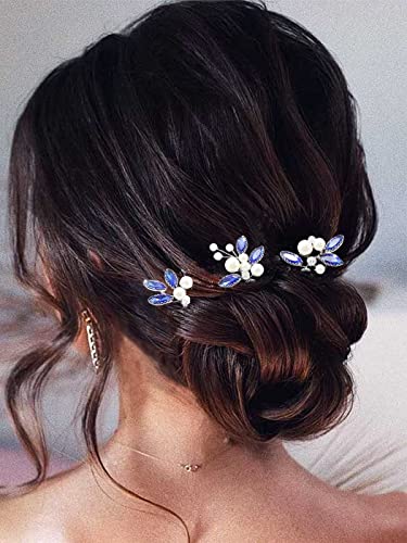 Latious Bride Wedding Hair Pins Pearl Bridal Hair Piece Blue Crystal Hair Clips Rhinestones Hair Accessories for Women and Girls (Pack of 3) (Silver)