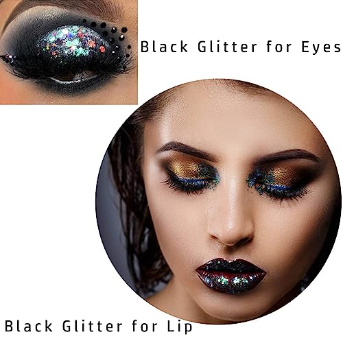 MEICOLY Black Face Glitter,Professional Glitter Body Paint,Mermaid Sequins Eye Glitter Face Painting for Halloween Cosplay SFX Makeup,Chunky Face Glitter Gel for Women and Kids,50ml