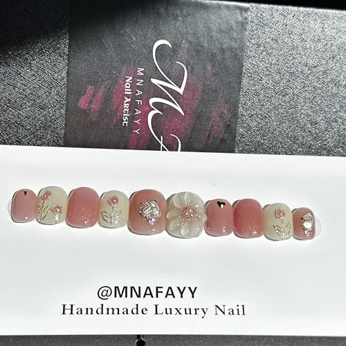 Handmade Press On Nails, Floral Fake Nails 3D Handmade Reusable UV Finished False Nails, Hand-Painted Nails Design by Professional Nail Artist Salon Acrylic Nail Kit With Gift Box 10PCS