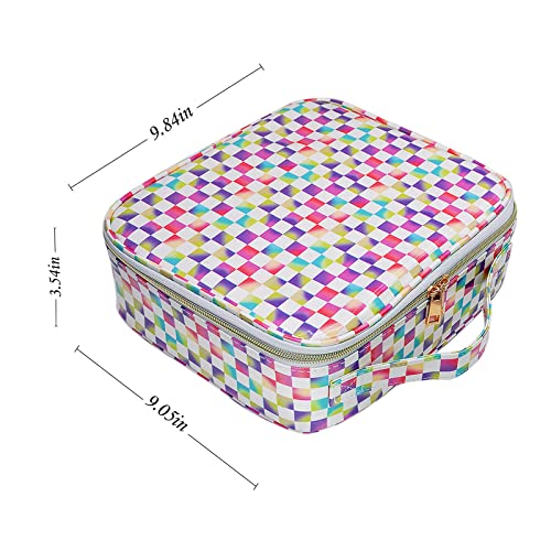 Anbaagsky PU Leather Cosmetic Bag Organizer Waterproof Colorful Checkered Makeup Bag with Adjustable Dividers Travel Makeup Bags