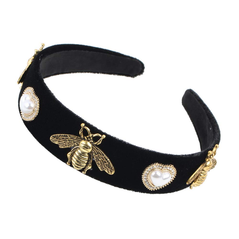 Vintage Black Band Simulated Pearl Bead Flower Hairbands for Women Fashion Alloy Metal Glass Rhinestone Crystal Bee Butterfly Headband Jewelry (Insect)