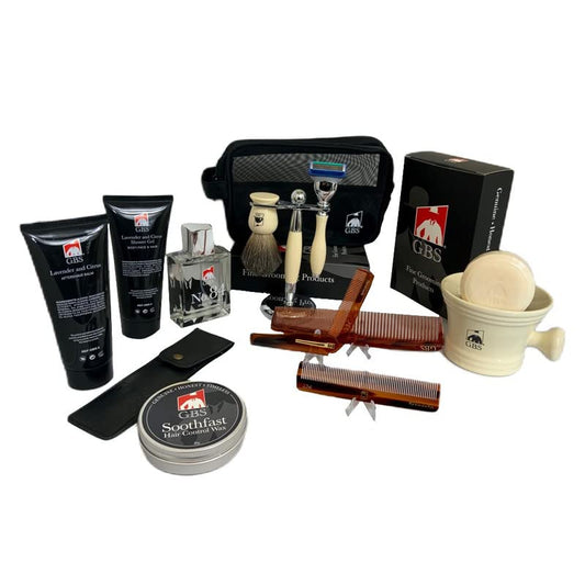 G.B.S Grooming Set for Men, Ivory Shave Brush, Razor Stand, Mesh Toiletry Bag, Light Fresh Crisp, Lavender and Citrus Aftershave Shower Gel