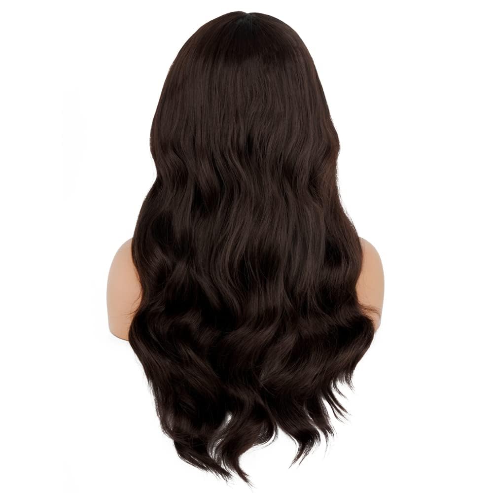 Long Wavy Headband Wigs for White Women, Gluless Wear and Go Half WIg, Natural Looking Synthetic Wig with Headband Attached Heat Resistant (Choc Brown)