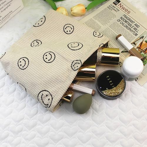 Herchuse Makeup Bag Cute Smiley Face Makeup Bag Organizer With Zipper Corduroy makeup Bag 3PCS Bag For Purses For Women (Beige)