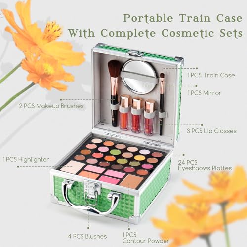 Color Nymph Beginner Makeup Kits For Teens With Train Case Included Full Makeup Kit Eyeshadow Palette Blushes Bronzer Highlighter Lipstick Brushes Mirror (Green)