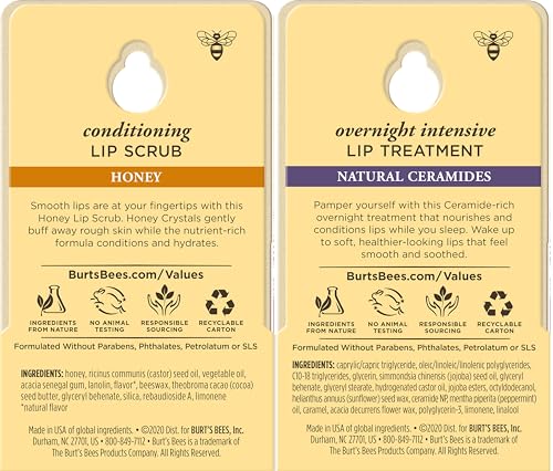 Burt’s Bees Conditioning Lip Scrub and Overnight Intensive Lip Treatment, With Ceramides, College Back to School Dorm Essentials, Exfoliates and Hydrates Lips 8 Hours, Natural Origin, 2 Jars, 0.25 oz