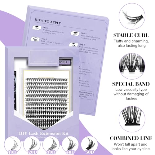 DIY Lash Extension Kit 280 PCS Individual Eyelash Extension Kit 0.07D 9-16MIX 30D 50D Cluster Lashes Kit Lash Glue Remover and Applicators for Eyelash Extensions(Kit-30D50D-0.07-C,9-16MIX)