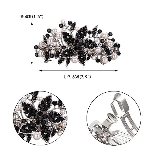 EVER FAITH Austrian Crystal Bridal Hibiscus Flower Leaf Cream Simulated Pearl Hair Clip Barrette Black Silver-Tone