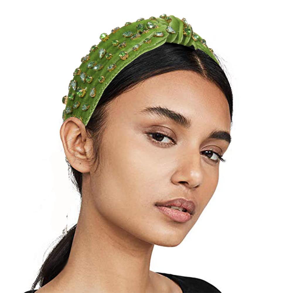 CENAPOG St Patrick's Day Rhinestone Knotted Headband for Women Green Crystal Embellished Hairbands Twist Turban Headband Elastic Wide Velvet Hair Hoop Party Holiday Headwear for Girls (Green)