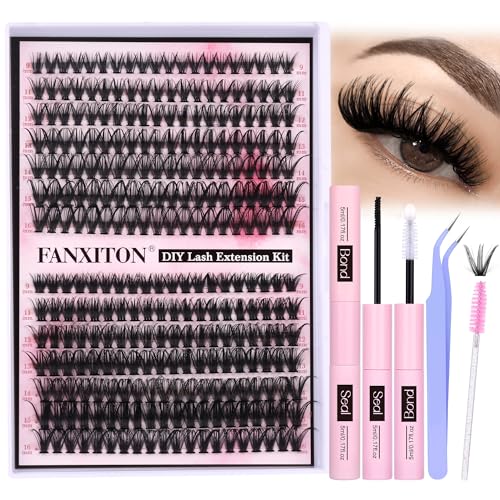 FANXITON DIY Lash Extension Kit Volume Lash Clusters 40D+50D D Curl Individual Lashes Lash Clusters Kit Thick Eyelash Extension Kit 280pcs Thin Band Cluster Lashes Lash Bond and Seal and Lash Tweezers