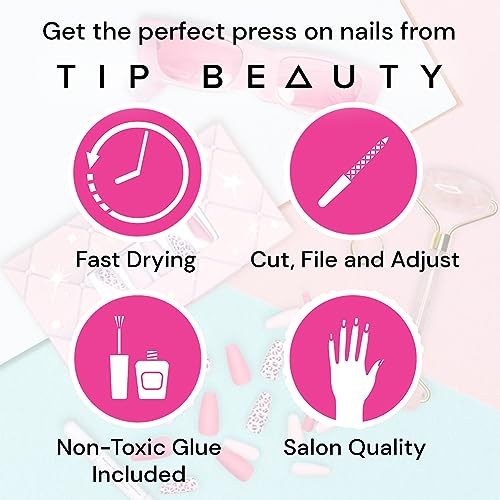 Tip Beauty Fake Nails Collections | 28 Faux Nails & Specialized Nail Glue | Quick Drying Professional Salon Quality Glue On Fake Nail Kit | Faux Nails for Women, (Coffin, Flower Power)