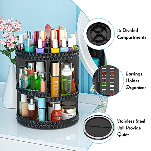 HEMTROY 360 Rotating Makeup Organizer, DIY Adjustable Cosmetics Organizer, Professional Acrylic Make Up Caddy Shelf Storage Perfume, Lipsticks, Makeup Brushes or Accessories (Black)