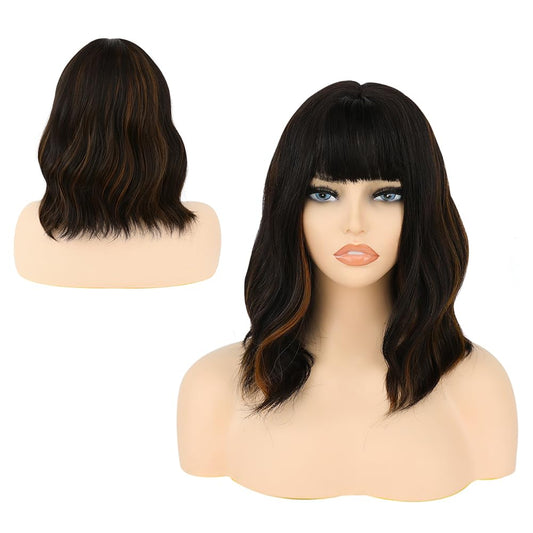 HUAISU Short Curly Hair Wig with Bangs Synthetic High Density Shoulder Length Bob Wavy Wig for Women One Piece Heat Resistant Fluffy Cosplay Wig(Chocolate, 14inch)