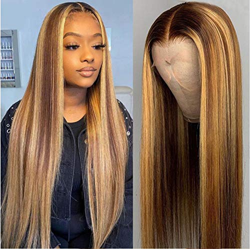 JYZ13X4 Highlight Straight Lace Front Human Hair Wigs for Black Women Brazilian Virgin Human Hair 150% Density 2 Tones Color #4/27 Ombre Lace Front Wig Human Hair Pre Plucked with Baby Hair (18 Inch)