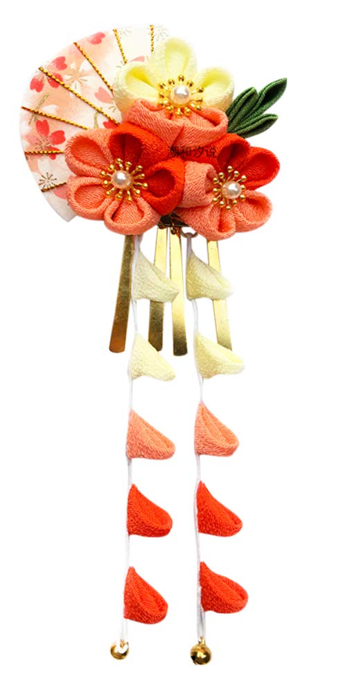 CRB Fashion Womens Girls Japanese Kimono Flower Kanzashi Hair Ornament Tie Band Clip (Orange) Small