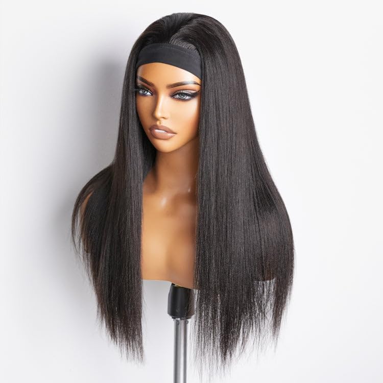 Emistar Yaki Straight Headband Wigs for Black Women Soft Synthetic Hair As Human Hair Wear And Go Glueless Half Wig Natural Black Wig with Headband Attached (22 Inch)