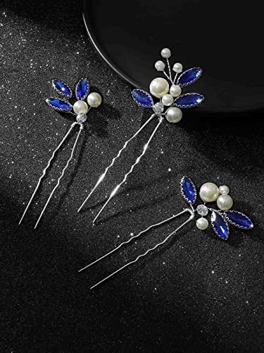 Latious Bride Wedding Hair Pins Pearl Bridal Hair Piece Blue Crystal Hair Clips Rhinestones Hair Accessories for Women and Girls (Pack of 3) (Silver)