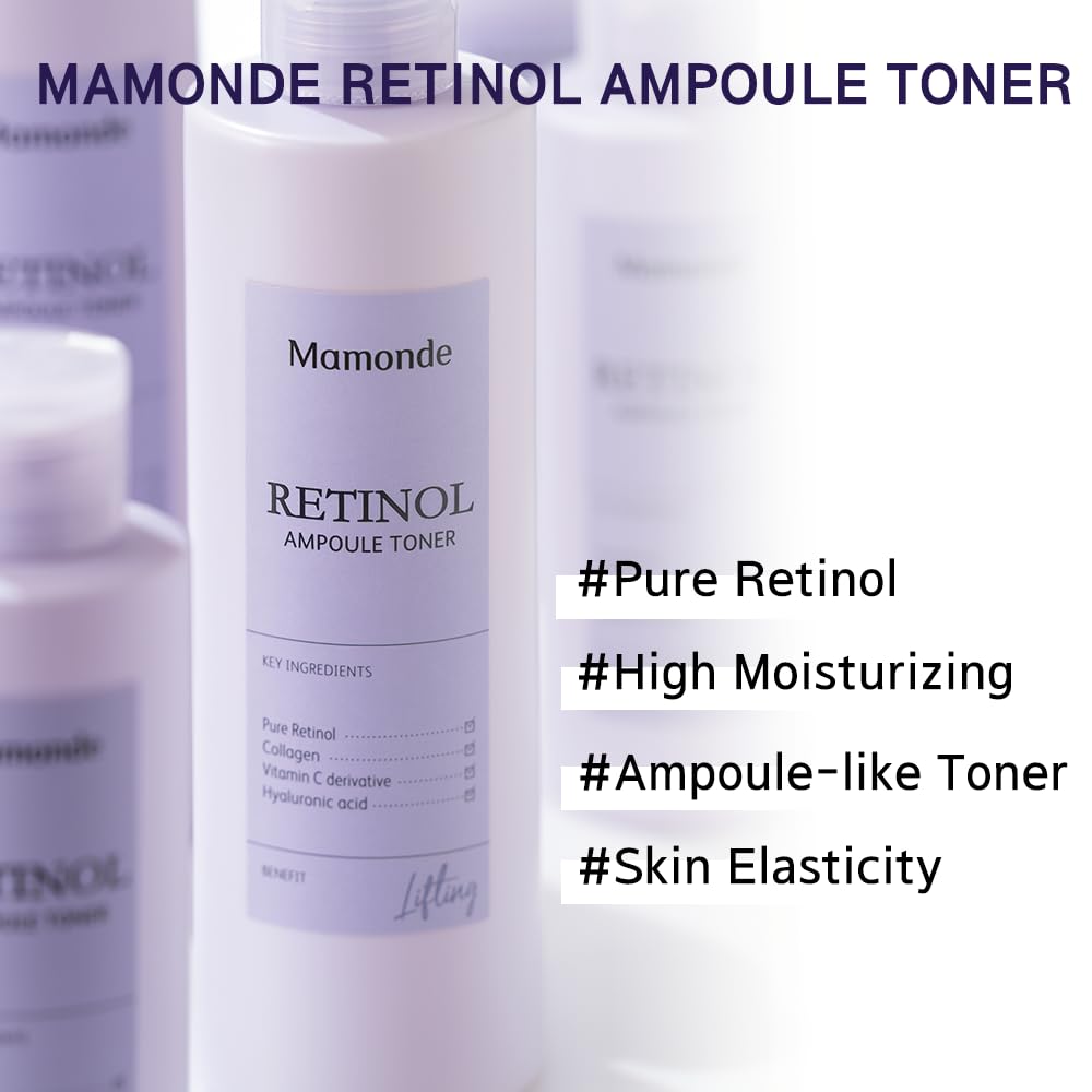 Mamonde Retinol Vegan Face Toner - Korean Daily Anti-Aging Ampoule-Like Toner for Sensitive Skin, Help Skin Elasticity, Hyaluronic Acid, Vitamin C, Dermatologically Tested, 8.45 Fl Oz.