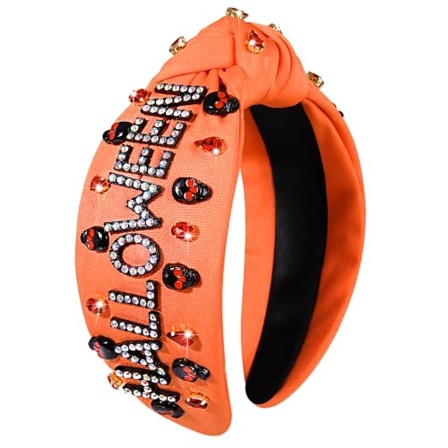 CEALXHENY Halloween Headbands for Women Halloween Accessories Beaded Boo Trick or Treat Knotted Headband Embellished Rhinestone Pearl Top Knot Headbands Halloween Costume Party Hair Accessory