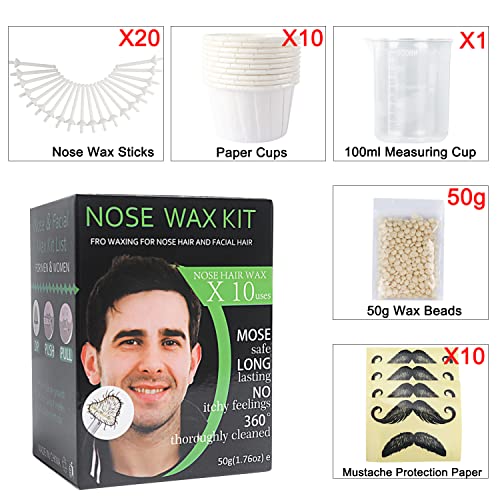 Nose Wax Kit Men, Nose Waxing Hair Wax Removal for Men Women, Nose Hair Waxing Kit For Men Ear Hair Waxing Kit Nose Hair Removal Kit for 50g Wax Beads 20 Applicators 10 Paper Cups 10 Mustache Guards