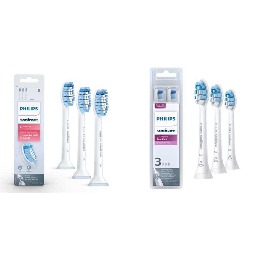 Philips Sonicare Genuine Sensitive Replacement Toothbrush Heads for Sensitive Teeth, 3 Brush Heads, White, HX6053/64 | Philips Sonicare Genuine G2 Optimal Gum Care Replacement Toothbrush Heads, 3 Brush Heads, White, HX9033/65